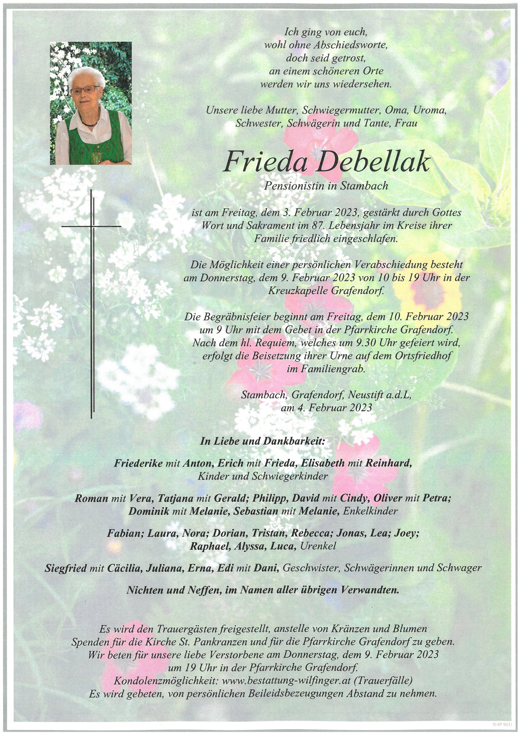 Frieda Debellak, Stambach